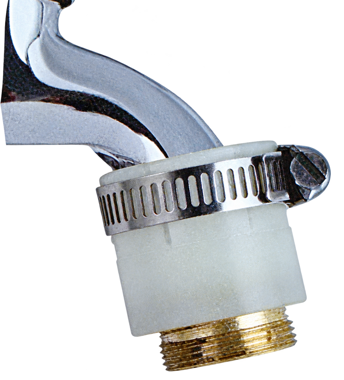 Actual universal silicone adapter on a round tap, showing the white sleeve, metal clamp and clamp screw